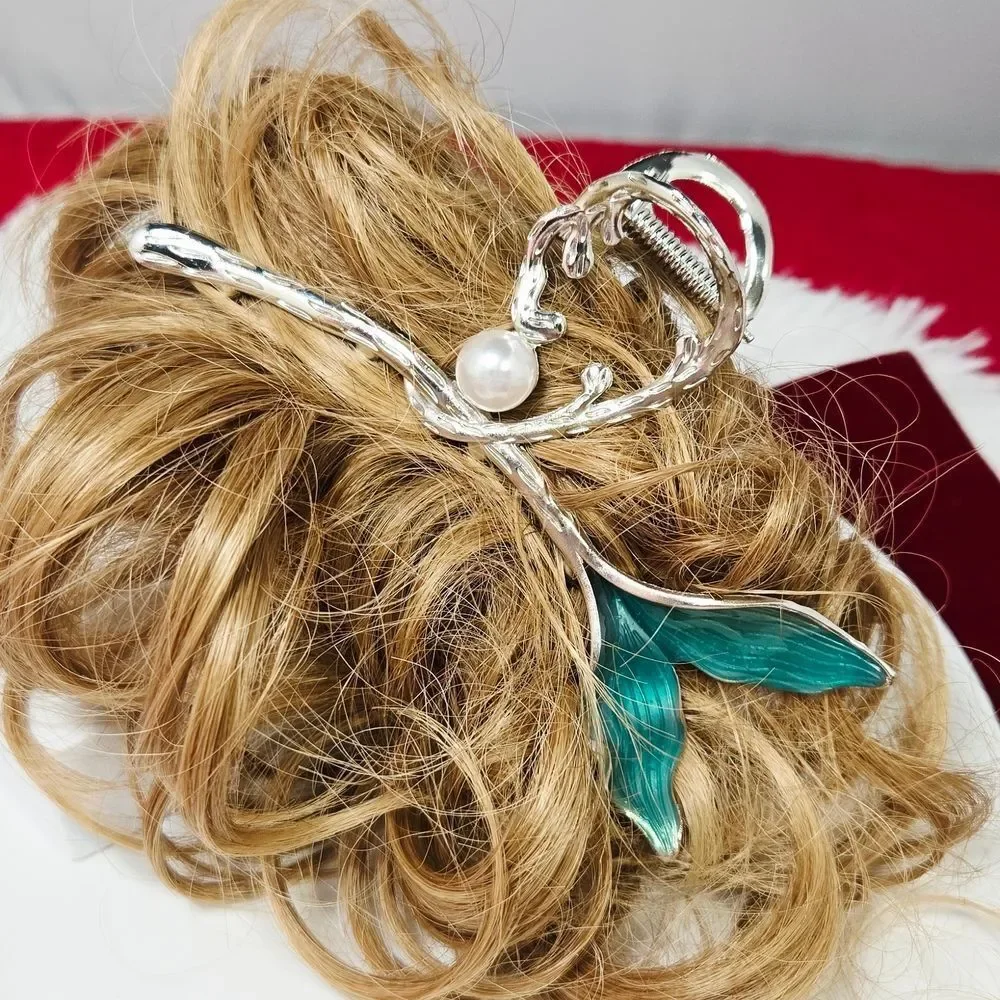 Large Mermaid Tail Hair Claw Turquoise Enamel Pearl Coastal Statement Clip